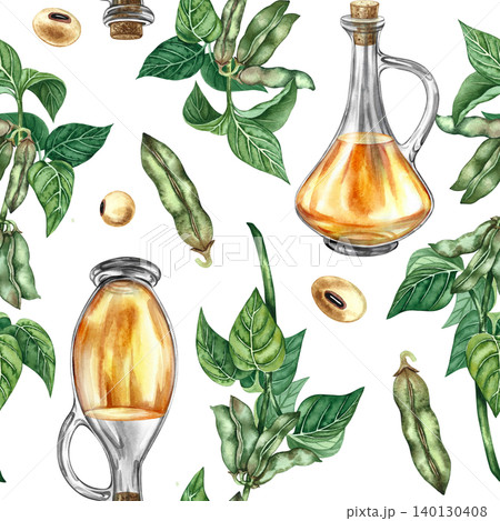 Seamless pattern with soy. Hand-drawn watercolor illustration. Soybeans and soy stalks with leaves and pods and bottles of oil. Perfect for textiles, labels and prints, decor, packaging, and more. Seamless pattern with soy. Hand-drawn watercolor illustration. Soybeans and soy stalks with leaves and pods and bottles of oil. Perfect for textiles, labels and prints, decor, packaging, and more. 140130408