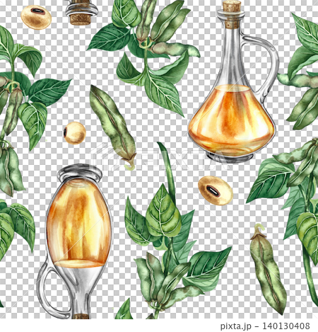 Seamless pattern with soy. Hand-drawn watercolor illustration. Soybeans and soy stalks with leaves and pods and bottles of oil. Perfect for textiles, labels and prints, decor, packaging, and more. Seamless pattern with soy. Hand-drawn watercolor illustration. Soybeans and soy stalks with leaves and pods and bottles of oil. Perfect for textiles, labels and prints, decor, packaging, and more. 140130408