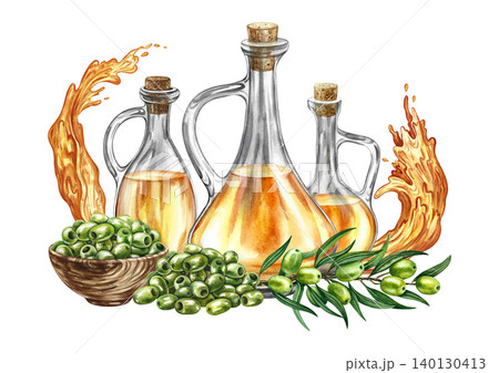 Olive oil. Hand-drawn watercolor illustration. Glass bottles of oil, splashes of oil, olive branches, and a cup of pitted olives. For menus, recipes, and cookbooks. For packaging, labels, and more. 140130413