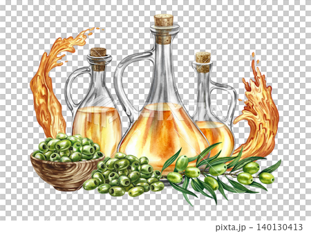 Olive oil. Hand-drawn watercolor illustration. Glass bottles of oil, splashes of oil, olive branches, and a cup of pitted olives. For menus, recipes, and cookbooks. For packaging, labels, and more. 140130413
