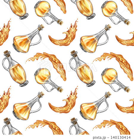 Seamless pattern with beautiful oil bottles and oil splashes. Hand-drawn watercolor illustration. Perfect for textiles, labels and prints, decor, wallpaper, packaging, and more. Seamless pattern with beautiful oil bottles and oil splashes. Hand-drawn watercolor illustration. Perfect for textiles, labels and prints, decor, wallpaper, packaging, and more. 140130414
