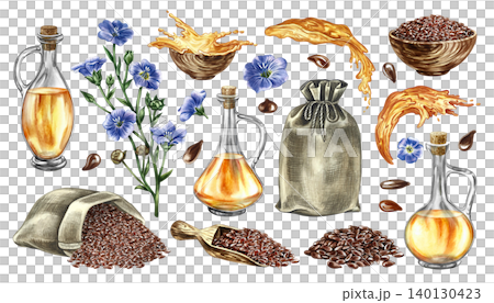 Flaxseed oil set. Hand-drawn watercolor illustration. Flax seeds, flowers, oil bottle, jute bags, oil splashes, and wooden bowl and scoop. For labels and packaging, banners, posters, and more. Flaxseed oil set. Hand-drawn watercolor illustration. Flax seeds, flowers, oil bottle, jute bags, oil splashes, and wooden bowl and scoop. For labels and packaging, banners, posters, and more. 140130423
