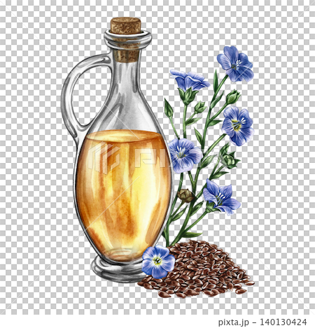 Flaxseed oil. Hand-drawn watercolor illustration. Glass bottle of oil, a handful of flax seeds, and flax flowers. Element of label and packaging design, banners, posters, and more. Flaxseed oil. Hand-drawn watercolor illustration. Glass bottle of oil, a handful of flax seeds, and flax flowers. Element of label and packaging design, banners, posters, and more. 140130424