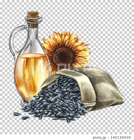 Sunflower oil in a bottle, a handful of sunflower seeds in a burlap bag. Hand-drawn watercolor illustration. Element of label and packaging design, as well as banners, posters, and more Sunflower oil in a bottle, a handful of sunflower seeds in a burlap bag. Hand-drawn watercolor illustration. Element of label and packaging design, as well as banners, posters, and more 140130439