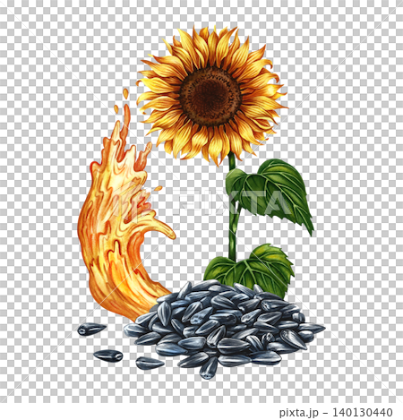 Sunflower oil. Hand-drawn watercolor illustration. A splash of oil, a sunflower flower, and a handful of seeds. An element of label and packaging design, banners, posters, and more. 140130440