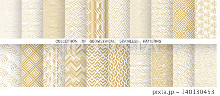 Geometric set of seamless golden and white patterns. Simple vector graphics Geometric set of seamless golden and white patterns. Simple vector graphics 140130453