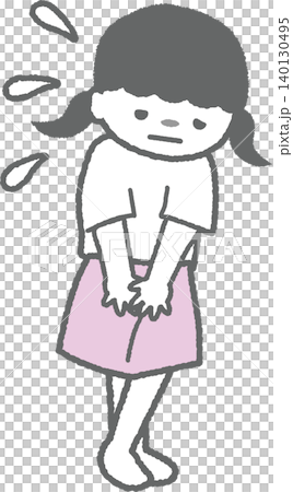 插圖描繪了一個女孩雙腿交叉,坐立不安,並努力克制自己上廁所或排便的衝動(兒童便秘)。 插圖描繪了一個女孩雙腿交叉,坐立不安,並努力克制自己上廁所或排便的衝動(兒童便秘)。 140130495