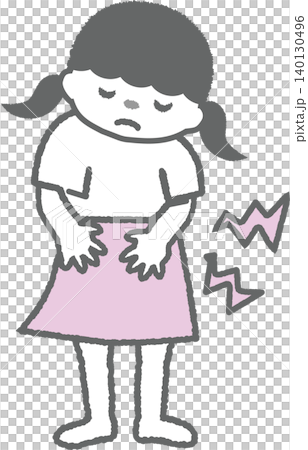 お腹が痛くてお腹を押さえて苦しむ女の子のイラスト（子供の便秘） 140130496