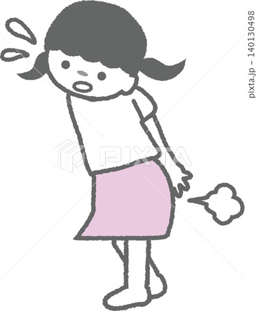お腹が張っておならが出てしまい恥ずかしがる女の子のイラスト（子供の便秘） 140130498