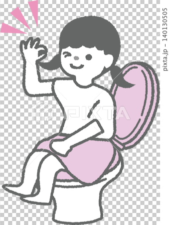 插圖描繪了一個女孩在廁所裡便秘緩解後,面帶微笑並做出“OK”手勢(兒童排便)。 插圖描繪了一個女孩在廁所裡便秘緩解後,面帶微笑並做出“OK”手勢(兒童排便)。 140130505