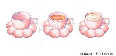 A watercolor set featuring a pink cup and saucer for morning tea. Hand-painted illustrations depict the cup filled with tea, filled with coffee, and empty. Isolated ceramic and porcelain tea sets A watercolor set featuring a pink cup and saucer for morning tea. Hand-painted illustrations depict the cup filled with tea, filled with coffee, and empty. Isolated ceramic and porcelain tea sets 140130550