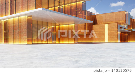 3d rendering modern building exterior with illuminated glass and brick facade 3d rendering modern building exterior with illuminated glass and brick facade 140130579