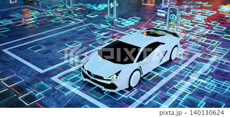 3d rendering electric vehicle smart charging at futuristic station 140130624