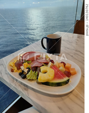 Dining Room Buffet aboard the abstract luxury cruise ship. Healthy breakfast at modern liner concept Dining Room Buffet aboard the abstract luxury cruise ship. Healthy breakfast at modern liner concept 140130762