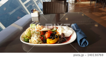 Dining Room Buffet aboard the abstract luxury cruise ship. Healthy breakfast at modern liner concept Dining Room Buffet aboard the abstract luxury cruise ship. Healthy breakfast at modern liner concept 140130769