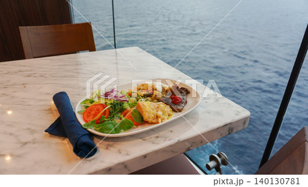 Dining Room Buffet aboard the abstract luxury cruise ship. Healthy breakfast at modern liner concept Dining Room Buffet aboard the abstract luxury cruise ship. Healthy breakfast at modern liner concept 140130781