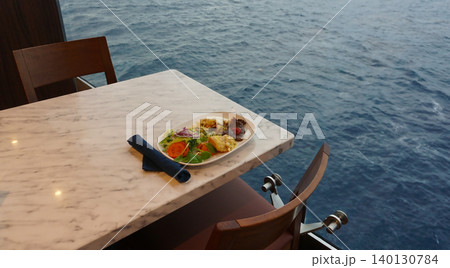 Dining Room Buffet aboard the abstract luxury cruise ship. Healthy breakfast at modern liner concept Dining Room Buffet aboard the abstract luxury cruise ship. Healthy breakfast at modern liner concept 140130784