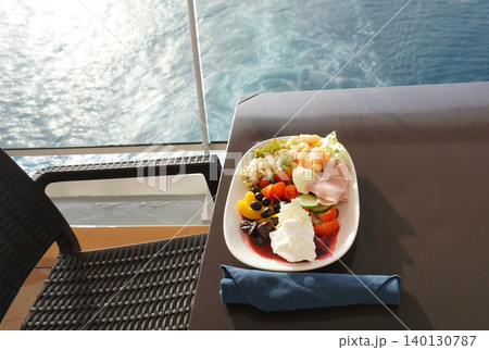 Dining Room Buffet aboard the abstract luxury cruise ship. Healthy breakfast at modern liner concept 140130787