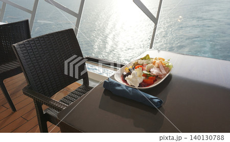 Dining Room Buffet aboard the abstract luxury cruise ship. Healthy breakfast at modern liner concept Dining Room Buffet aboard the abstract luxury cruise ship. Healthy breakfast at modern liner concept 140130788