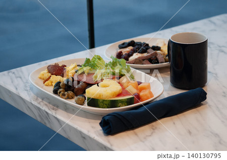 Dining Room Buffet aboard the abstract luxury cruise ship. Healthy breakfast at modern liner concept Dining Room Buffet aboard the abstract luxury cruise ship. Healthy breakfast at modern liner concept 140130795