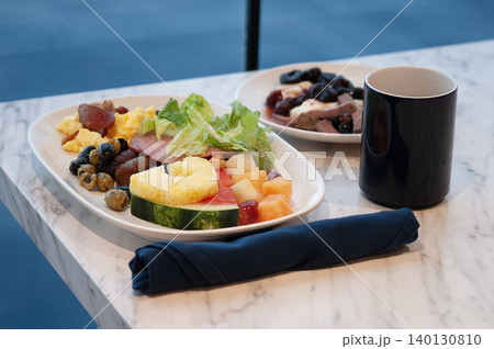 Dining Room Buffet aboard the abstract luxury cruise ship. Healthy breakfast at modern liner concept Dining Room Buffet aboard the abstract luxury cruise ship. Healthy breakfast at modern liner concept 140130810