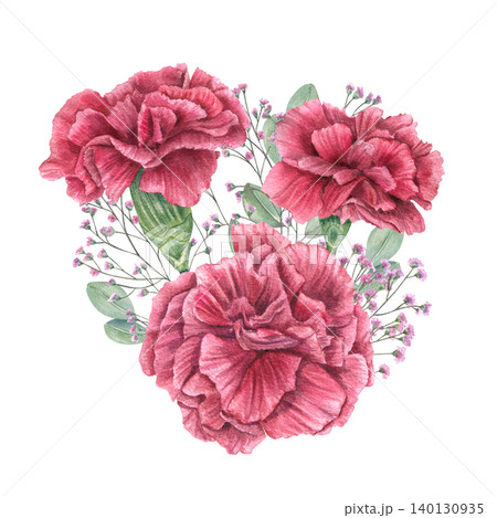 Watercolor illustration of red carnation bouquet with small purple flowers and green leaves. Hand drawn carnations and gypsophila floral arrangement for wedding invitation, greeting card decoration. Watercolor illustration of red carnation bouquet with small purple flowers and green leaves. Hand drawn carnations and gypsophila floral arrangement for wedding invitation, greeting card decoration. 140130935
