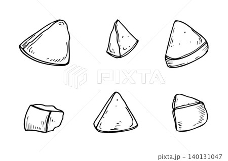 Hand drawn cheese triangles or fruit slices sketch set black and white drawing. Different pieces of cheddar or brie illustration for menu, restaurant design and diary food shop branding. 140131047