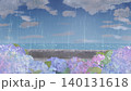 紫陽花のある海辺の雨の日の風景 140131618