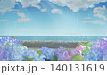 紫陽花のある海辺の水彩風の風景 140131619