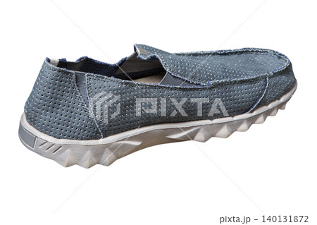 Men's casual canvas moccasins isolated on a white background. Blue canvas shoes, rear view. Men's casual canvas moccasins isolated on a white background. Blue canvas shoes, rear view. 140131872