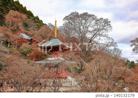 The 2-story pagoda at Katsuo-ji Temple in Minoh, Osaka, in autumn. 140132179