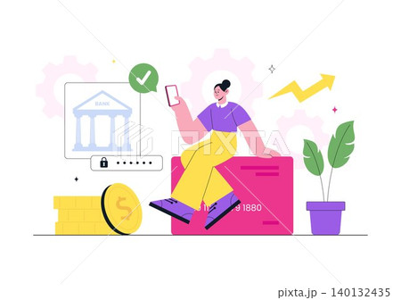Fintech Vector Illustration Featuring Digital Banking, Mobile Finance Management, Financial Technology Services, and Cashless Transactions 140132435