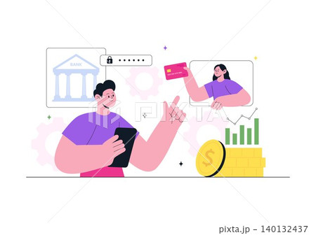 Fintech Vector Illustration Featuring Digital Banking, Mobile Finance Management, Financial Technology Services, and Cashless Transactions 140132437