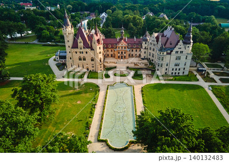 Aerial view of Moszna Castle and garden in Poland Aerial view of Moszna Castle and garden in Poland 140132483
