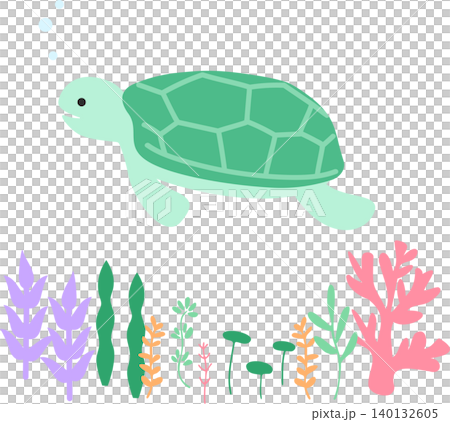 トロピカルな海を泳ぐウミガメと珊瑚のかわいい夏イラスト素材 トロピカルな海を泳ぐウミガメと珊瑚のかわいい夏イラスト素材 140132605