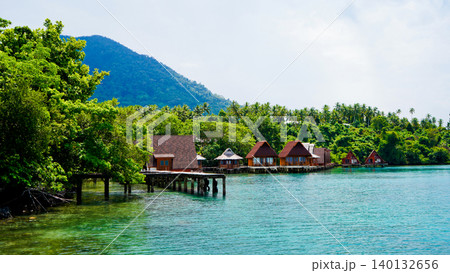 Beautiful view of the resort on the tropical beach, West Halmahera, North Maluku 140132656