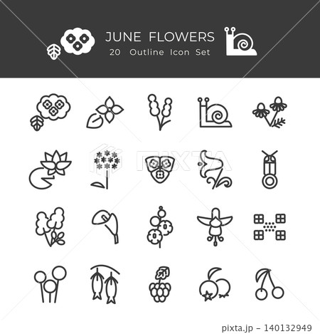 6月の花のミニマル線画アイコン20個セット（スミ黒、アウトライン、塗り絵、ナチュラル） 140132949