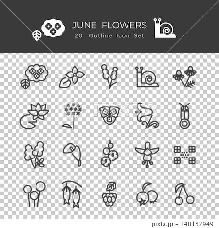 6月の花のミニマル線画アイコン20個セット（スミ黒、アウトライン、塗り絵、ナチュラル） 140132949