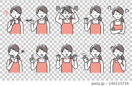 A set of illustrations of housewives (nursery school teachers, house cleaners) wearing aprons and striking various expressions and poses. A set of illustrations of housewives (nursery school teachers, house cleaners) wearing aprons and striking various expressions and poses. 140133734