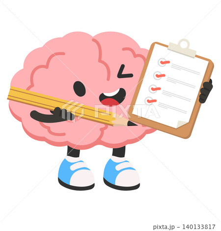 Happy Brain Character With Checklist and Pencil 140133817