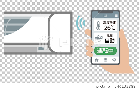 スマートフォンアプリでエアコンを遠隔操作するイラスト スマートフォンアプリでエアコンを遠隔操作するイラスト 140133888
