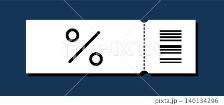 Flat vector illustration of a white discount coupon or shopping voucher. Features a percentage symbol, tear-off line, and barcode with a drop shadow, isolated on a dark blue background 140134296