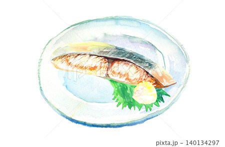 お皿に盛りつけた焼いた鰆の水彩イラスト 140134297