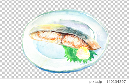 お皿に盛りつけた焼いた鰆の水彩イラスト 140134297