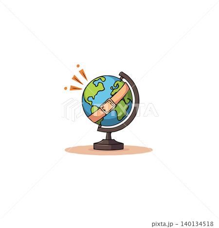 An illustration of a globe on a stand features a beige bandage wrapped around it, symbolizing global healing and recovery, representing the planet's resilience and the urgent need for care and An illustration of a globe on a stand features a beige bandage wrapped around it, symbolizing global healing and recovery, representing the planet's resilience and the urgent need for care and 140134518