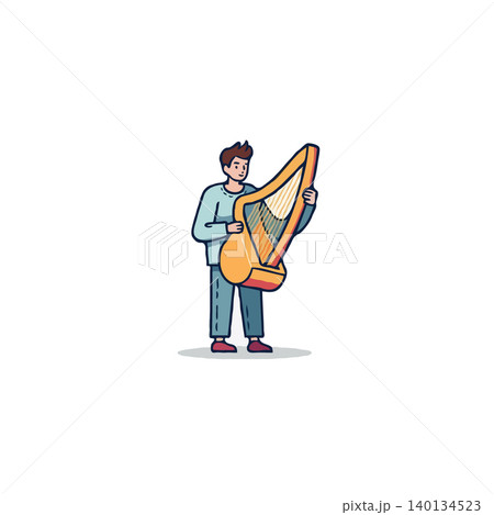 A stylized illustration presents a man holding a harp, suggesting a scene of musical practice, performance, or appreciation of arts. The character is rendered in soft colors with a simple A stylized illustration presents a man holding a harp, suggesting a scene of musical practice, performance, or appreciation of arts. The character is rendered in soft colors with a simple 140134523