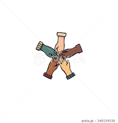Illustrated depiction of five diverse hands coming together, symbolizing unity, collaboration, and teamwork. The image conveys a sense of support and connection, highlighting the strength found in 140134530