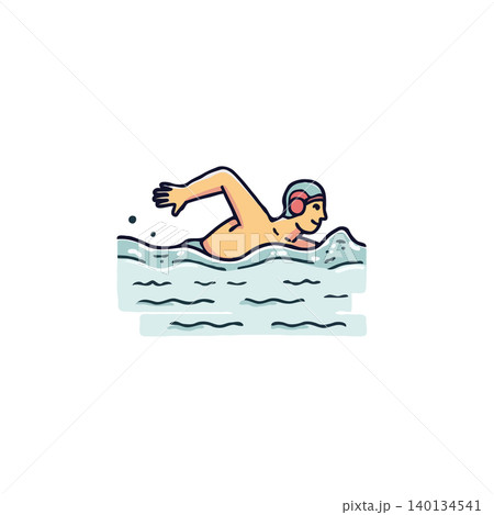 An illustration displays a water polo athlete demonstrating strong swimming prowess. The player is in motion, helmeted and prepared, immersed in the water during an action-packed match. The drawing 140134541