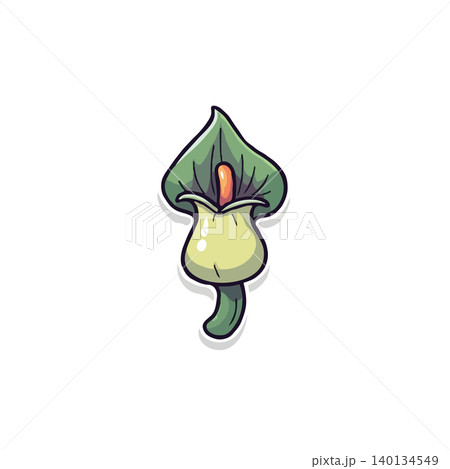 A stylized illustration showcases a calla lily, distinguished by its vibrant green leaf and a yellowish-white bloom with an orange stamen. The design emphasizes simplicity and floral elements, A stylized illustration showcases a calla lily, distinguished by its vibrant green leaf and a yellowish-white bloom with an orange stamen. The design emphasizes simplicity and floral elements, 140134549