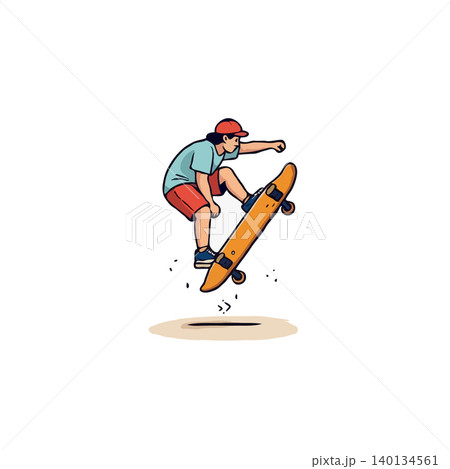 A vibrant illustration portrays a skateboarder executing an impressive mid-air trick. The dynamic composition captures youthful energy and the spirit of recreation. The illustration highlights the 140134561